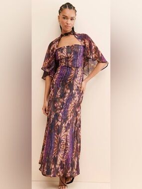 Anthropologie Laagam Renata Cape Maxi Dress Medium Square Neck Angel Sleeve